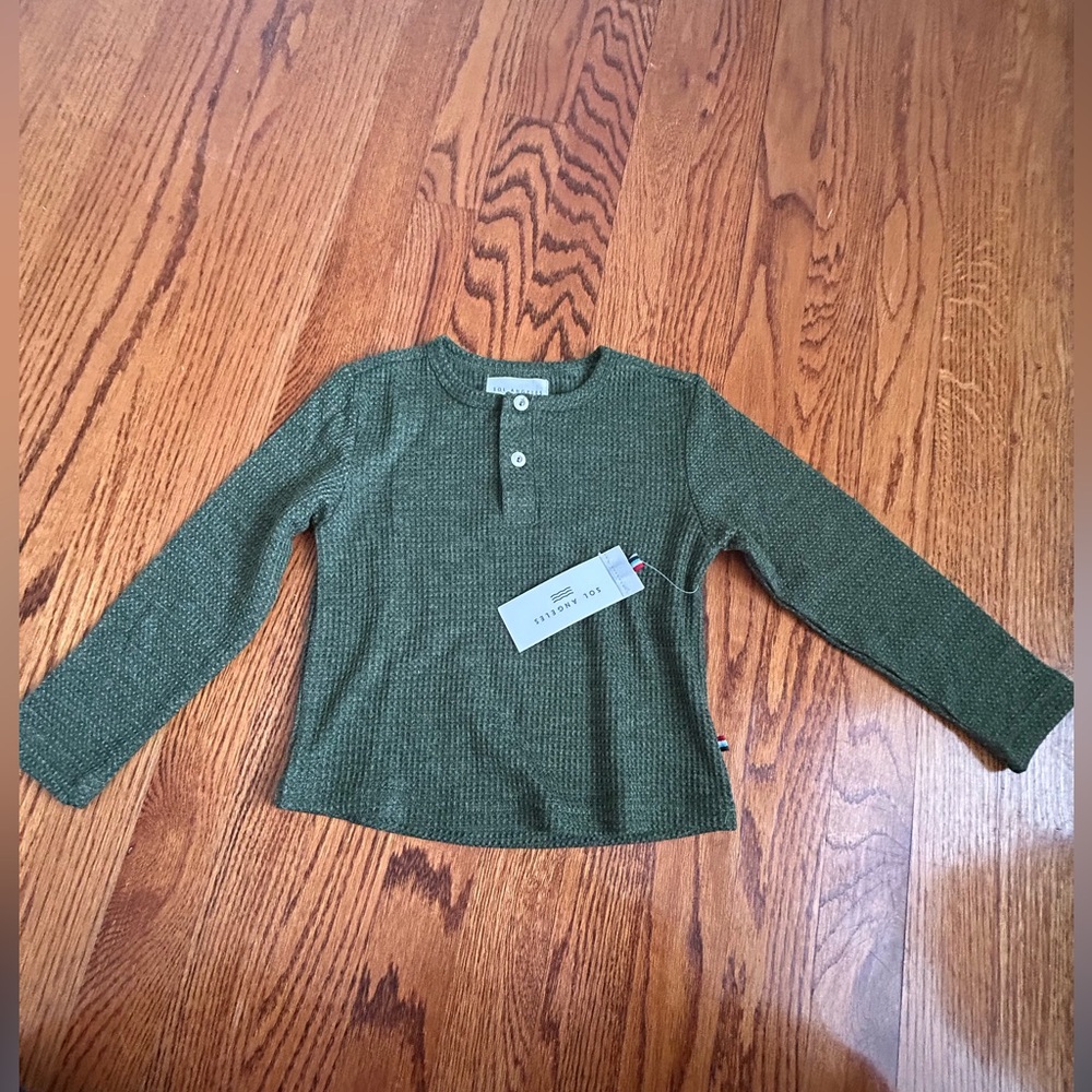 NWT - Sol Angeles kids thermal Henley Olive Crewneck Knit Sweater
